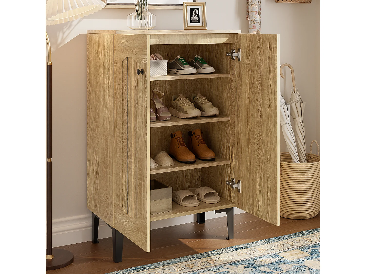 Meuble à chaussures moderne 60x31,5x95 cm - 2 portes - Étagères à plusieurs niveaux - Panneaux de particules - Naturel