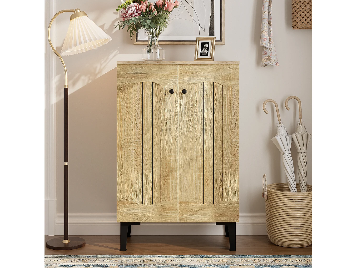 Meuble à chaussures moderne 60x31,5x95 cm - 2 portes - Étagères à plusieurs niveaux - Panneaux de particules - Naturel