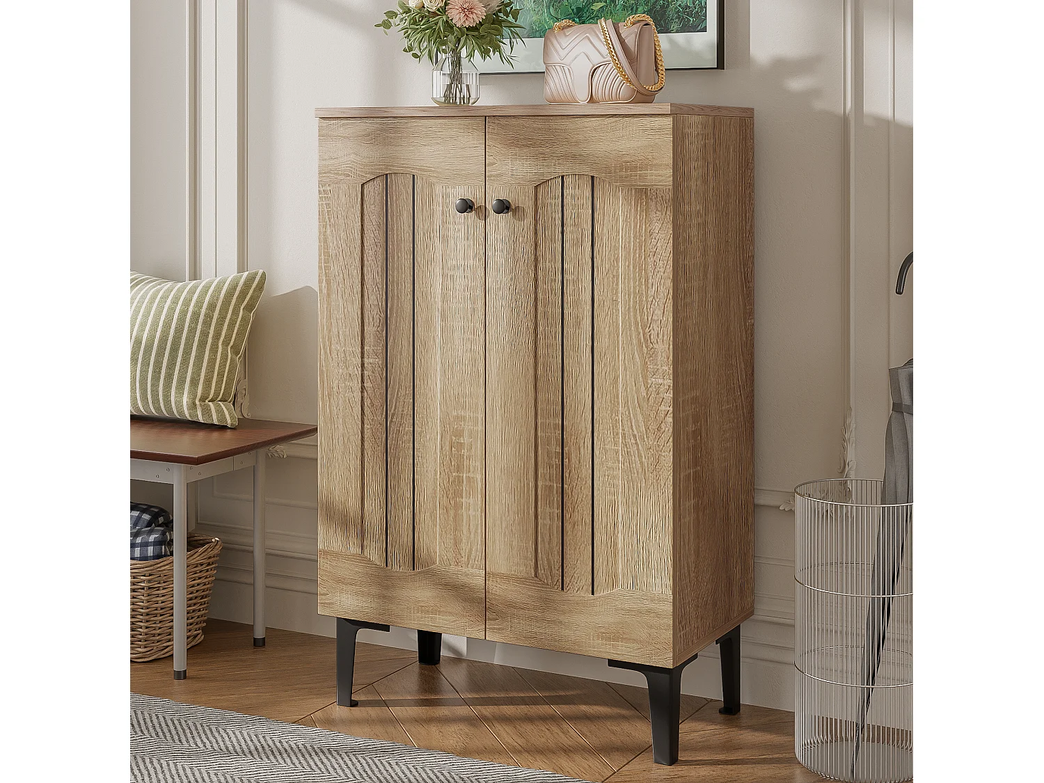 Meuble à chaussures moderne 60x31,5x95 cm - 2 portes - Étagères à plusieurs niveaux - Panneaux de particules - Naturel