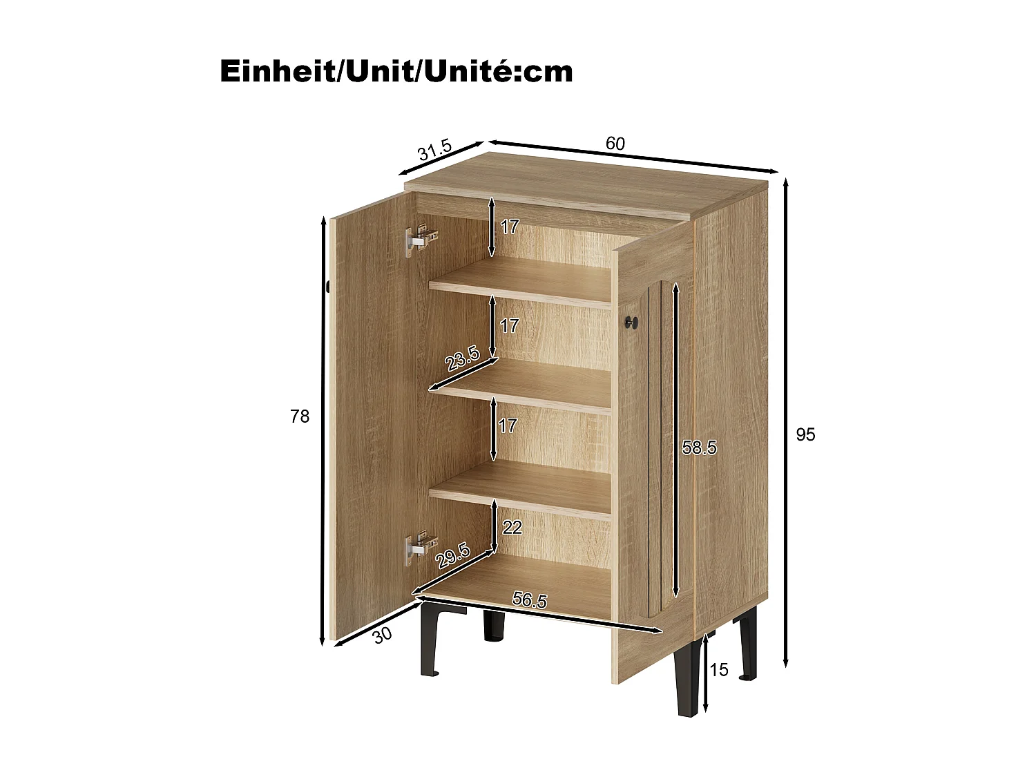 Meuble à chaussures moderne 60x31,5x95 cm - 2 portes - Étagères à plusieurs niveaux - Panneaux de particules - Naturel