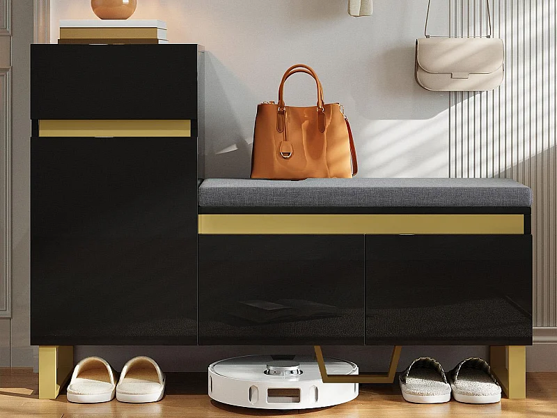 Schuhschrank 120x35x85 cm - 1 Schublade und 3 Türen - mit gepolsterter Schuhbank - Schwarz