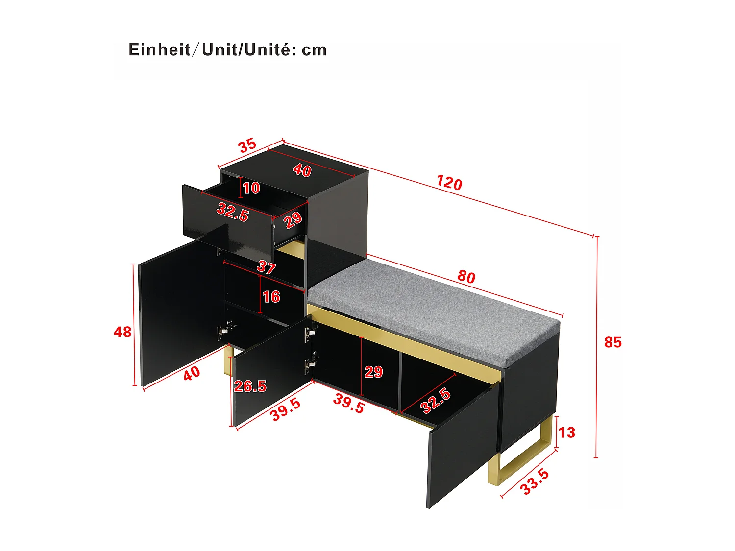 Schuhschrank 120x35x85 cm - 1 Schublade und 3 Türen - mit gepolsterter Schuhbank - Schwarz