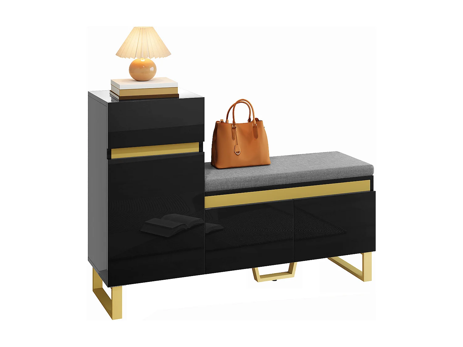 Schuhschrank 120x35x85 cm - 1 Schublade und 3 Türen - mit gepolsterter Schuhbank - Schwarz