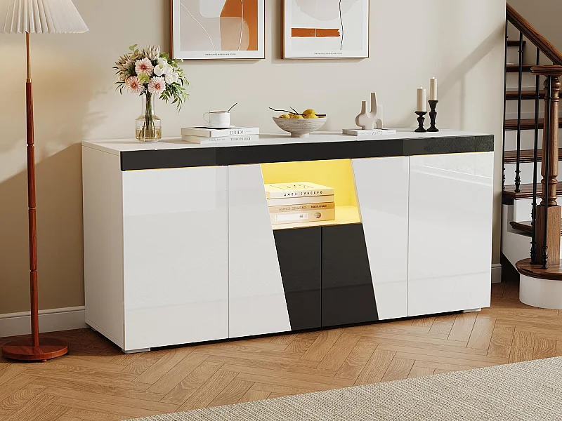 Buffet 140x40x65 cm - met 4 deuren - met LED-verlichting - Deeltjesplaten - Wit + Zwart