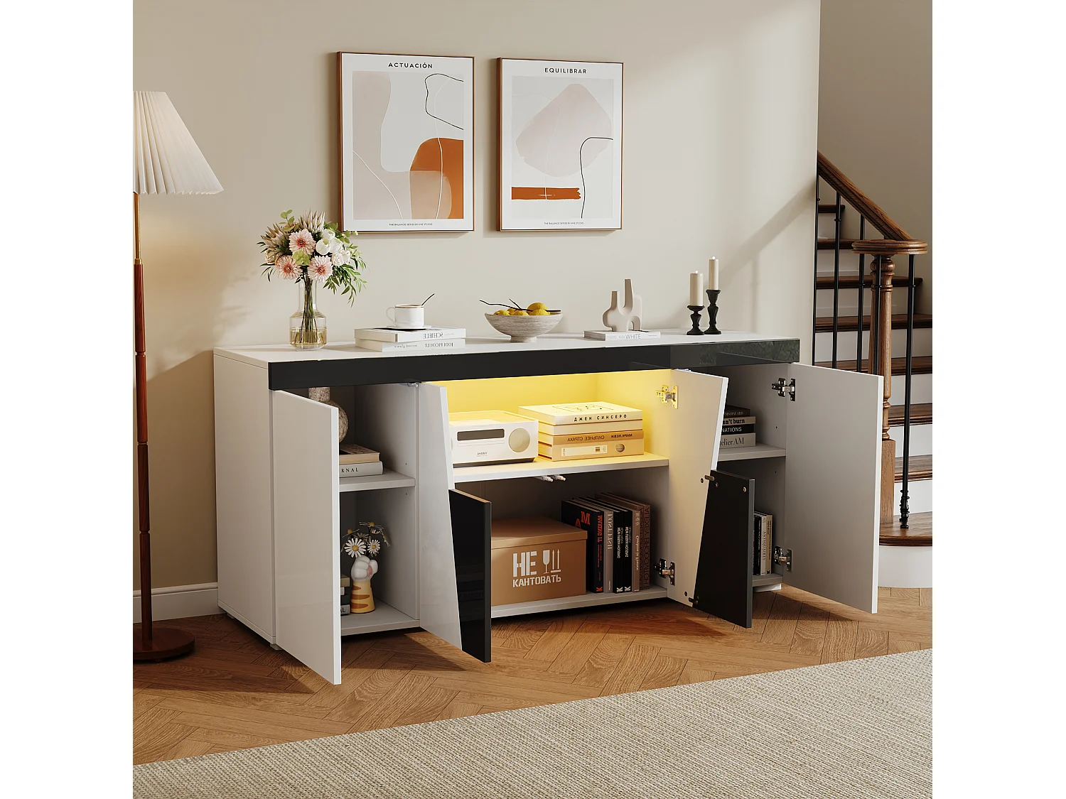 Buffet 140x40x65 cm - met 4 deuren - met LED-verlichting - Deeltjesplaten - Wit + Zwart