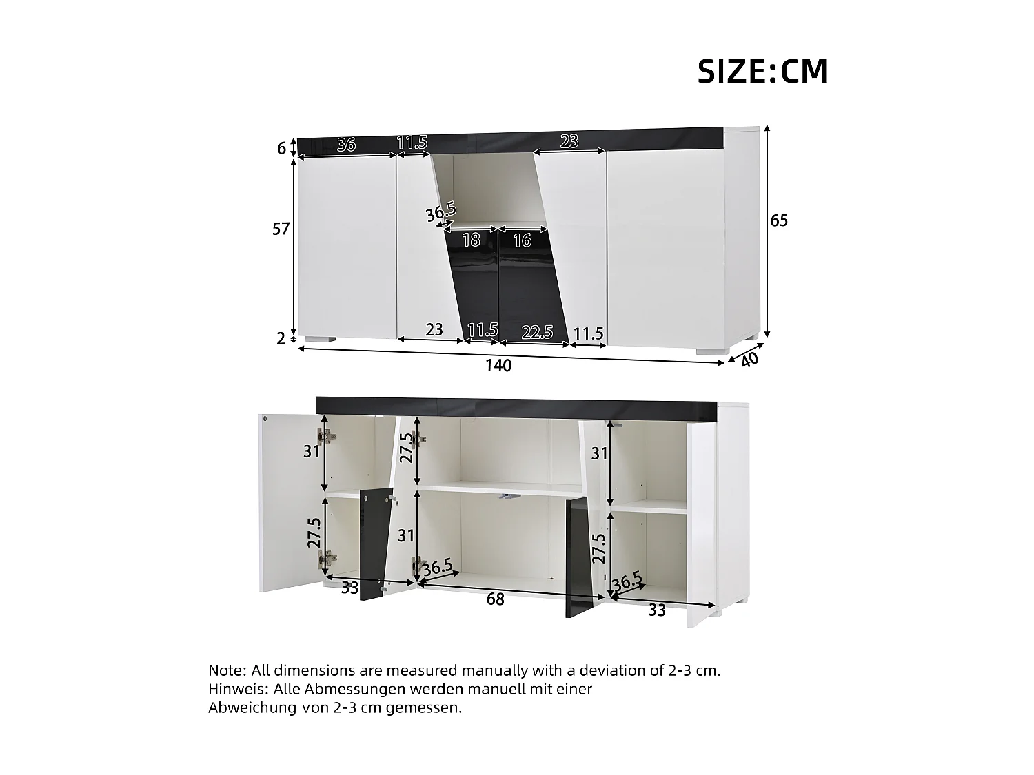 Buffet 140x40x65 cm - met 4 deuren - met LED-verlichting - Deeltjesplaten - Wit + Zwart