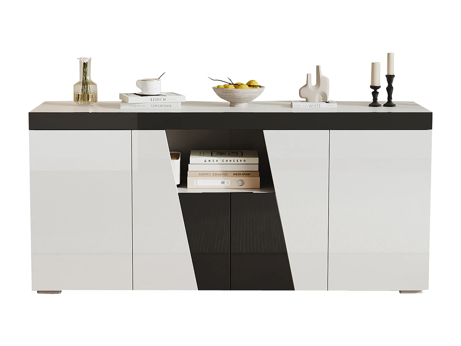 Buffet 140x40x65 cm - met 4 deuren - met LED-verlichting - Deeltjesplaten - Wit + Zwart