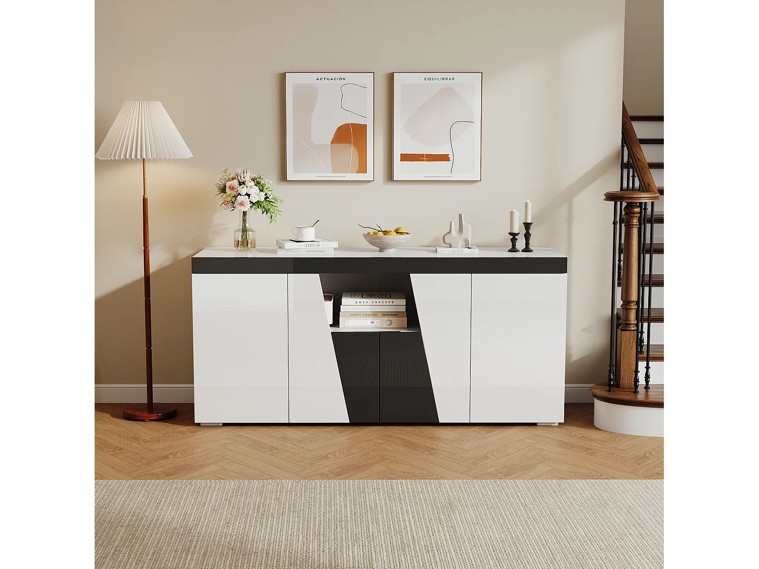 Sideboard 140x40x65 cm - mit 4 Türen - mit LED-Beleuchtung - Spanplatten - Weiß + Schwarz