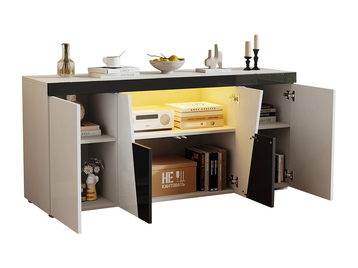 Sideboard 140x40x65 cm - mit 4 Türen - mit LED-Beleuchtung - Spanplatten - Weiß + Schwarz