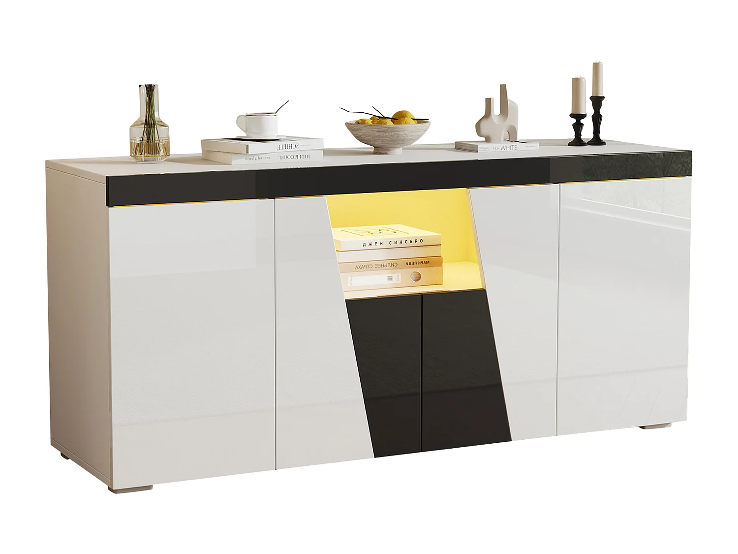 Sideboard 140x40x65 cm - mit 4 Türen - mit LED-Beleuchtung - Spanplatten - Weiß + Schwarz