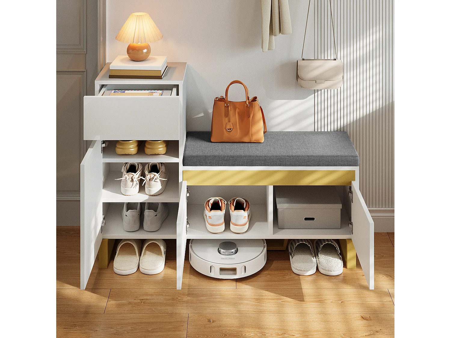 Schuhschrank 120x35x85 cm - 1 Schublade und 3 Türen - mit gepolsterter Schuhbank - Weiß