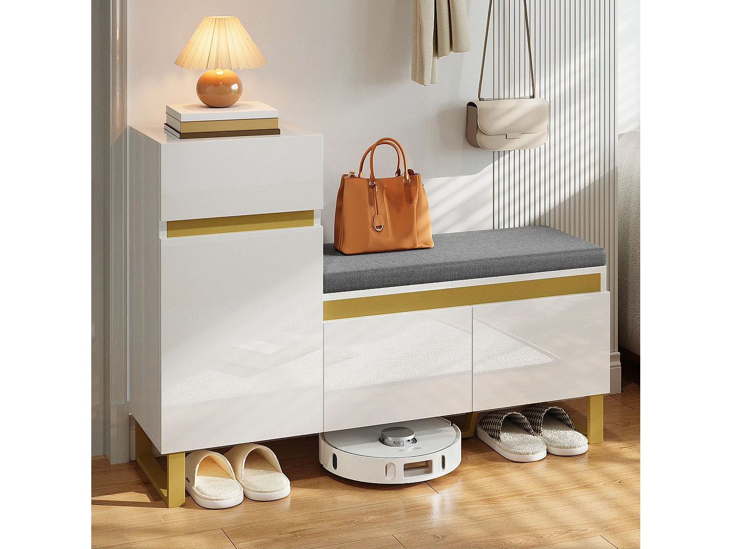 Schuhschrank 120x35x85 cm - 1 Schublade und 3 Türen - mit gepolsterter Schuhbank - Weiß