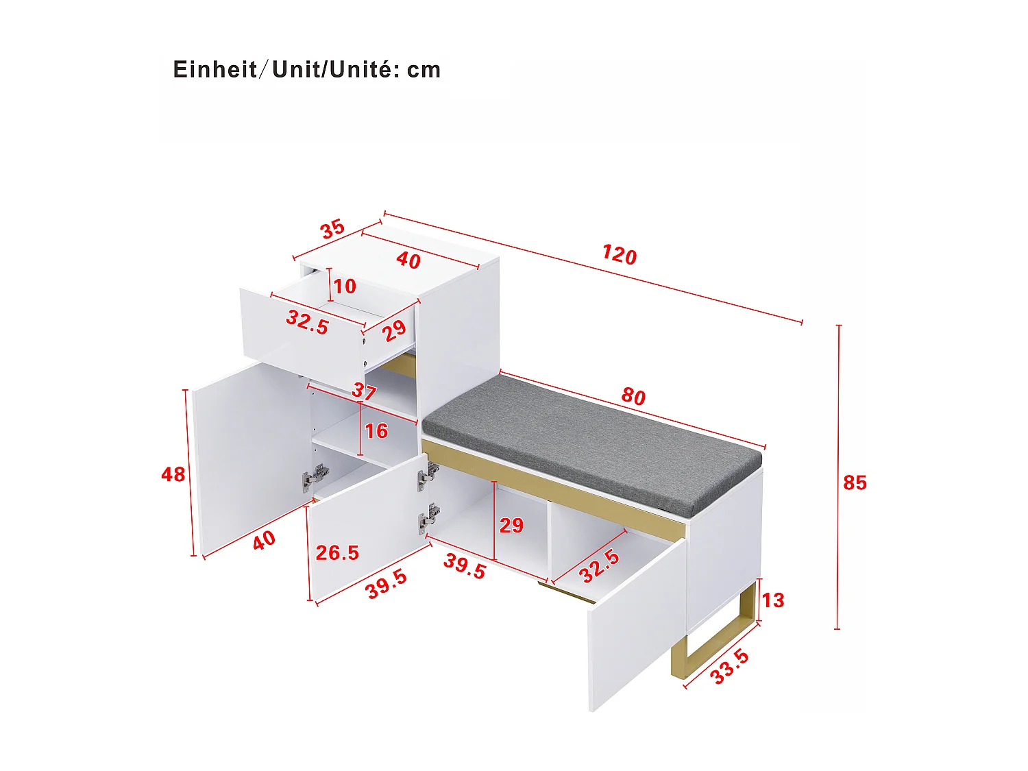 Schuhschrank 120x35x85 cm - 1 Schublade und 3 Türen - mit gepolsterter Schuhbank - Weiß
