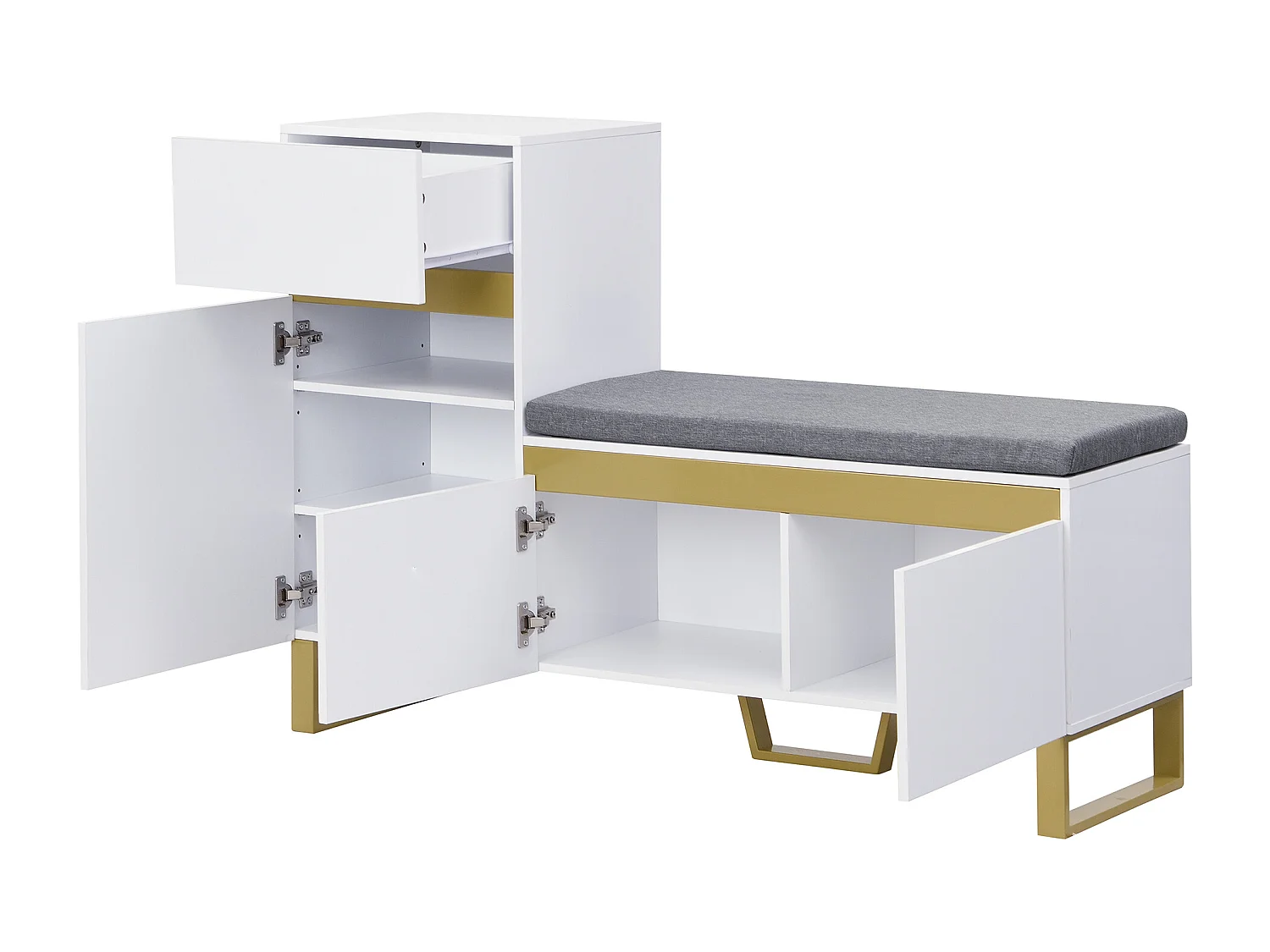 Schuhschrank 120x35x85 cm - 1 Schublade und 3 Türen - mit gepolsterter Schuhbank - Weiß