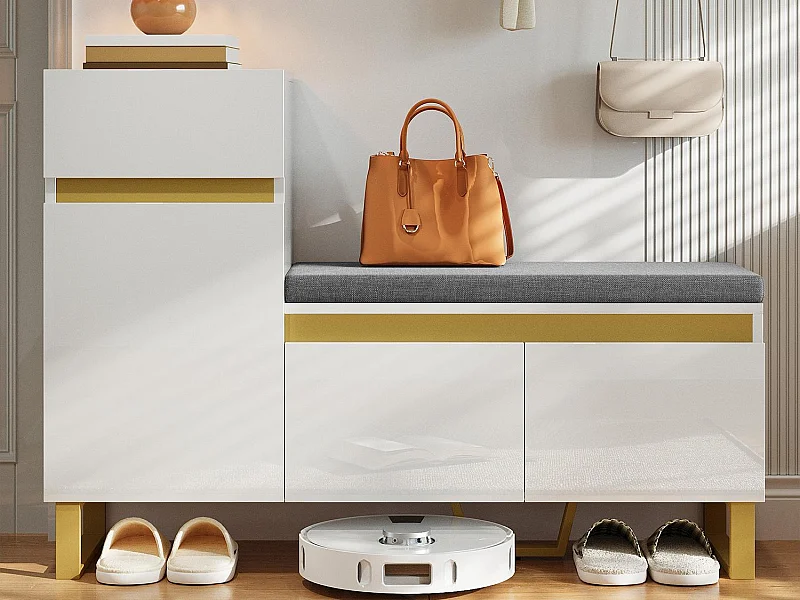 Schuhschrank 120x35x85 cm - 1 Schublade und 3 Türen - mit gepolsterter Schuhbank - Weiß