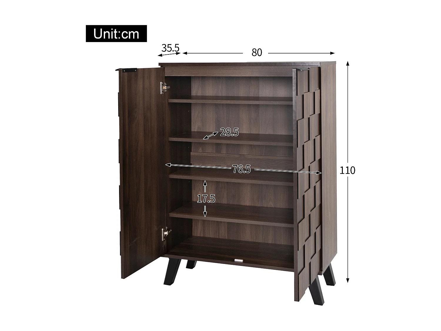 Meuble à chaussures moderne 80x35x110cm - 2 portes - 5 compartiments - Étagères réglables - Finition imitation bois - Marron