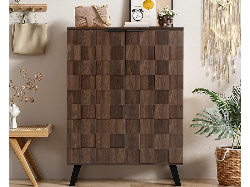 Móvel para sapatos moderno 80x35x110cm - 2 portas - 5 compartimentos - Prateleiras ajustáveis - Acabamento imitação madeira - Marrom