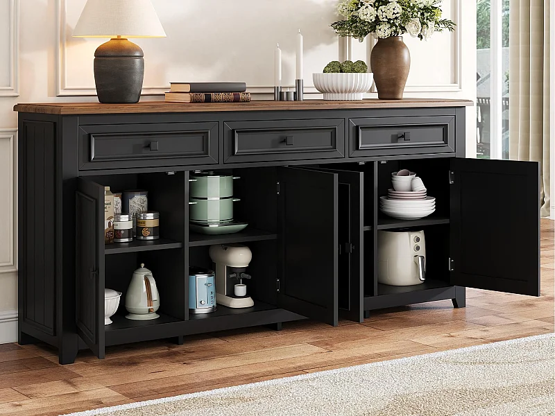 Buffet moderne 160x35x76 cm - 3 tiroirs et 4 portes - Étagères réglables - MDF - Noir