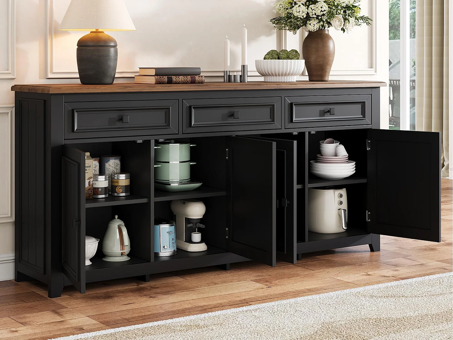 Buffet moderne 160x35x76 cm - 3 tiroirs et 4 portes - Étagères réglables - MDF - Noir