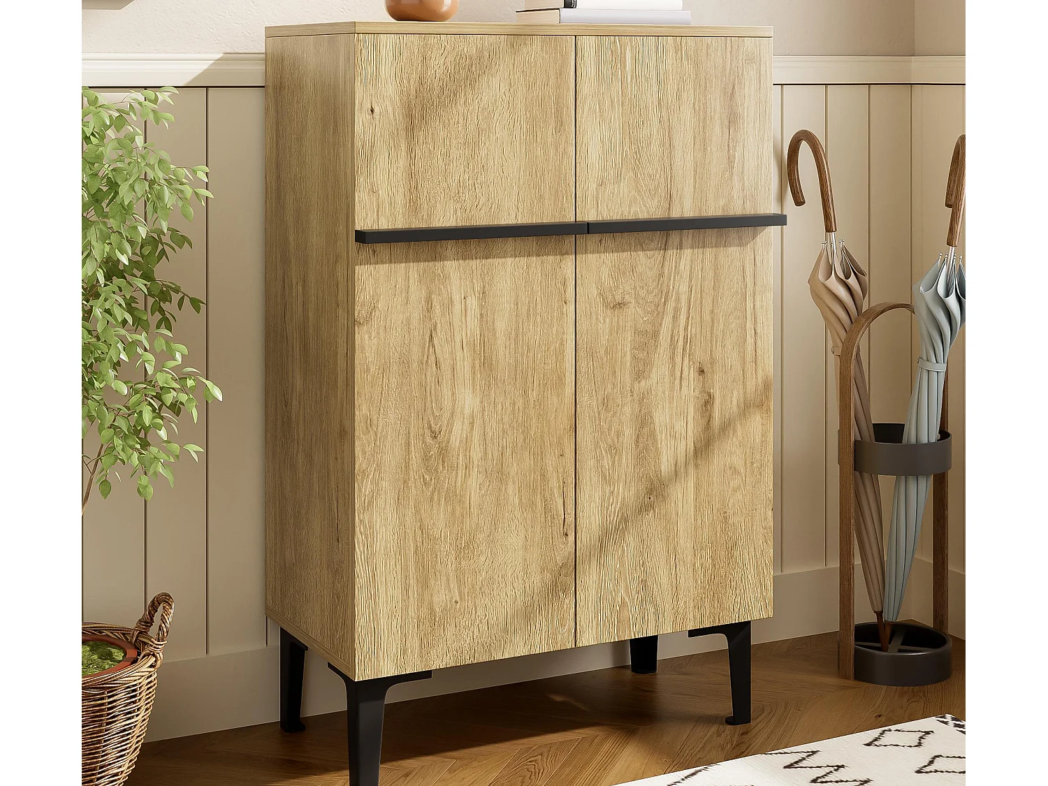 Meuble à chaussures 95x60x34,5 cm - 2 portes - Étagères réglables - Finition bois - Panneaux de particules - Naturel
