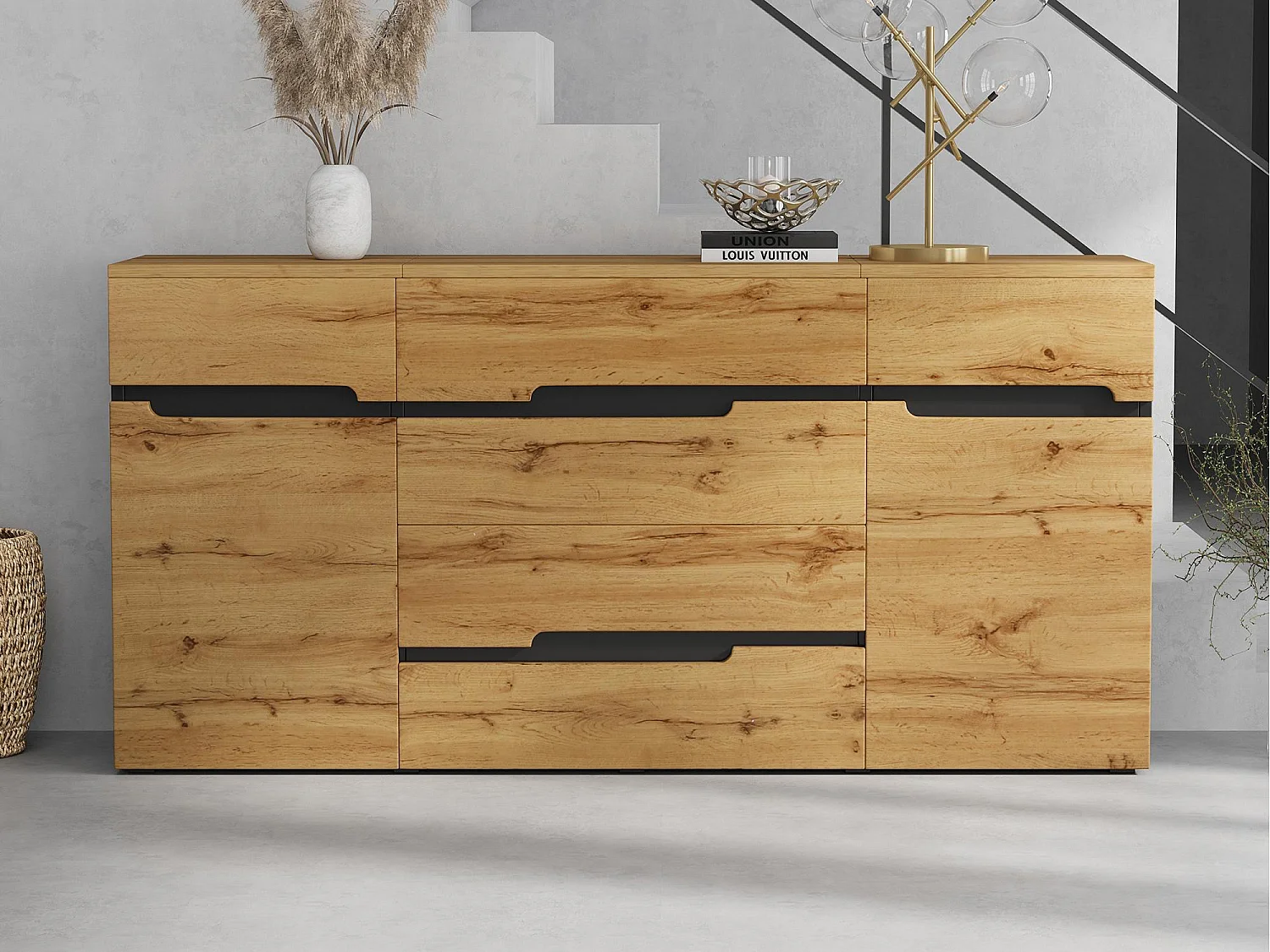 Sideboard 160x40x80 cm - mit 2 Türen und 4 Schubladen - Holzoptik - Spanplatten - Natur + Schwarz