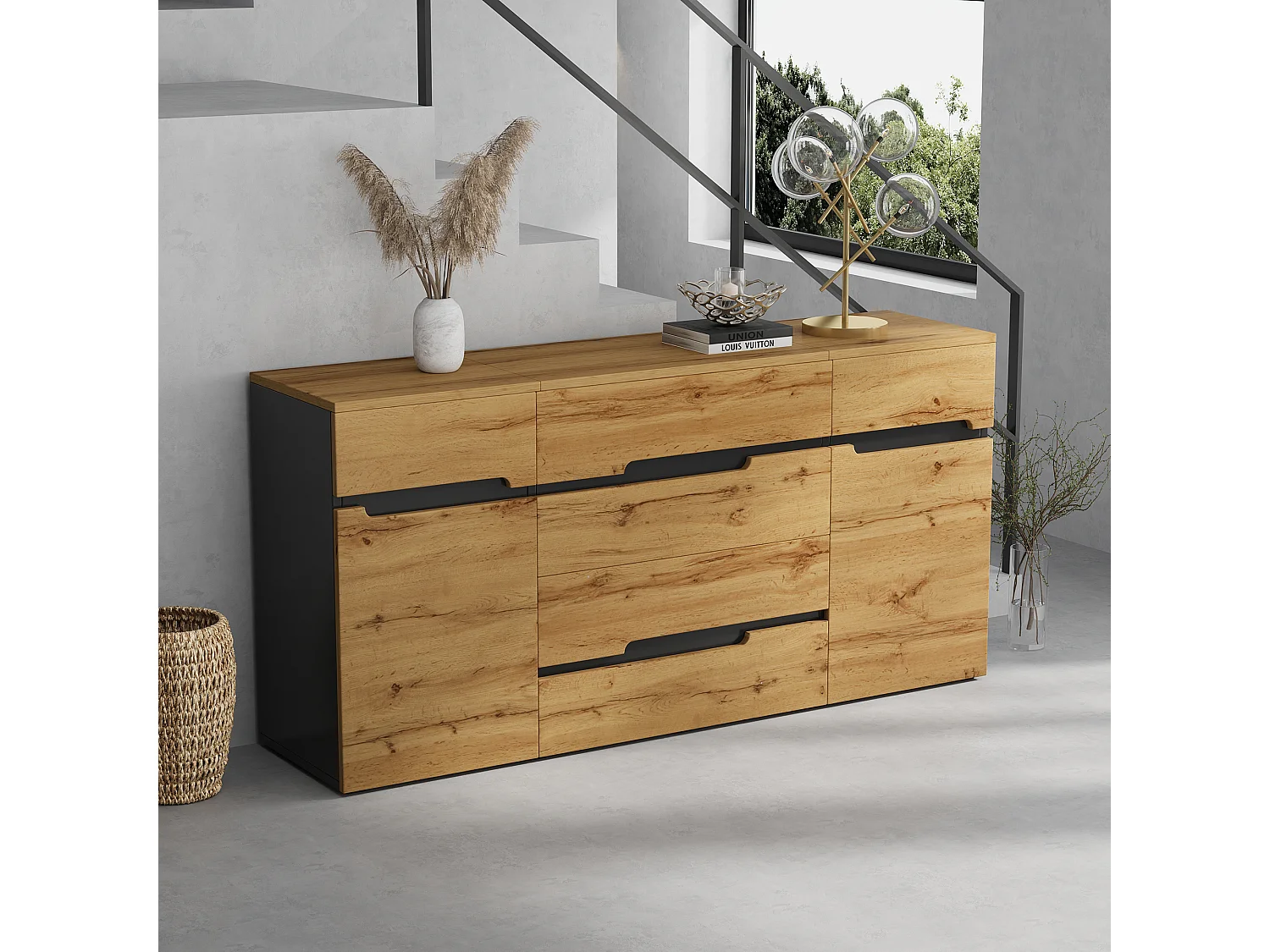 Sideboard 160x40x80 cm - mit 2 Türen und 4 Schubladen - Holzoptik - Spanplatten - Natur + Schwarz