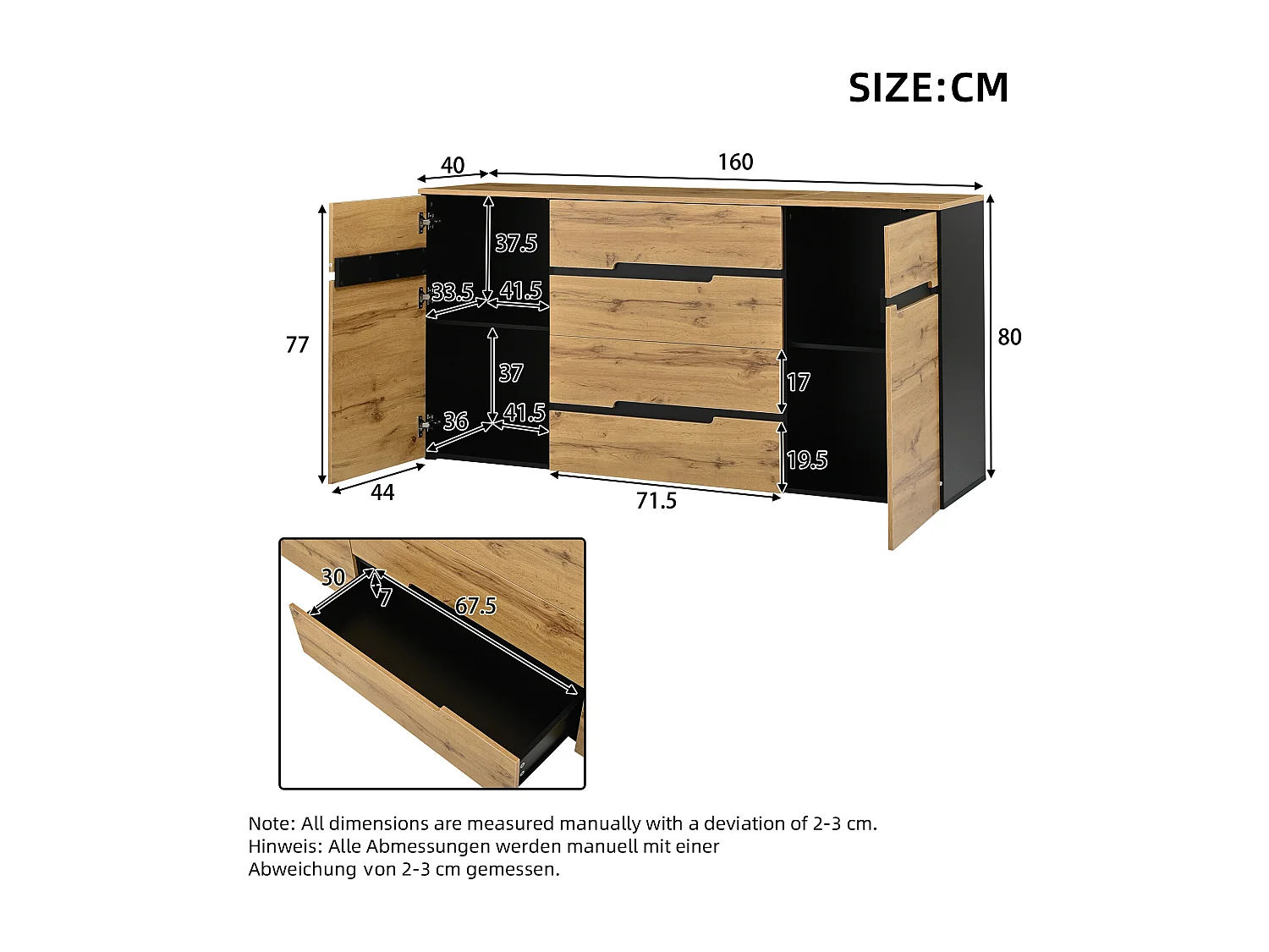 Sideboard 160x40x80 cm - mit 2 Türen und 4 Schubladen - Holzoptik - Spanplatten - Natur + Schwarz