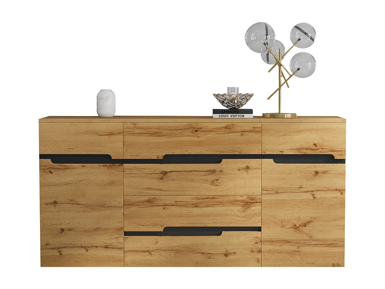 Sideboard 160x40x80 cm - mit 2 Türen und 4 Schubladen - Holzoptik - Spanplatten - Natur + Schwarz
