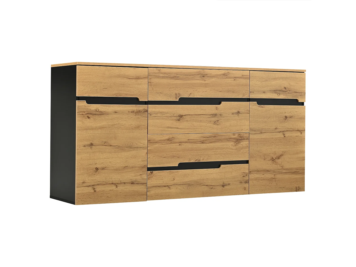 Sideboard 160x40x80 cm - mit 2 Türen und 4 Schubladen - Holzoptik - Spanplatten - Natur + Schwarz