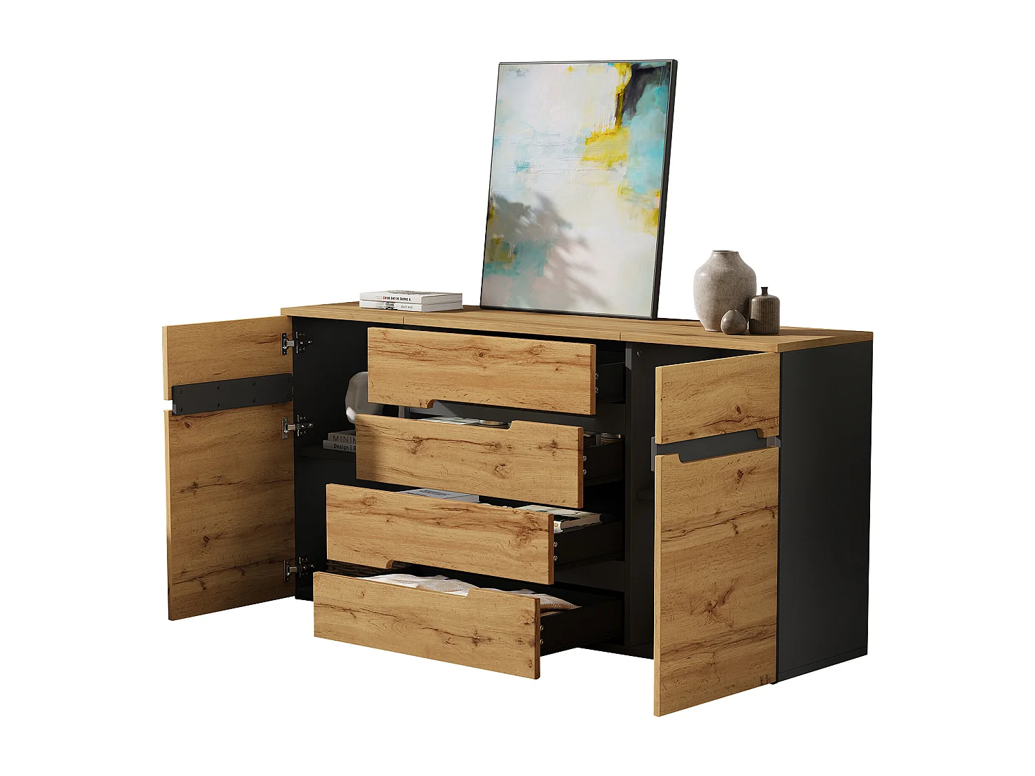Sideboard 160x40x80 cm - mit 2 Türen und 4 Schubladen - Holzoptik - Spanplatten - Natur + Schwarz