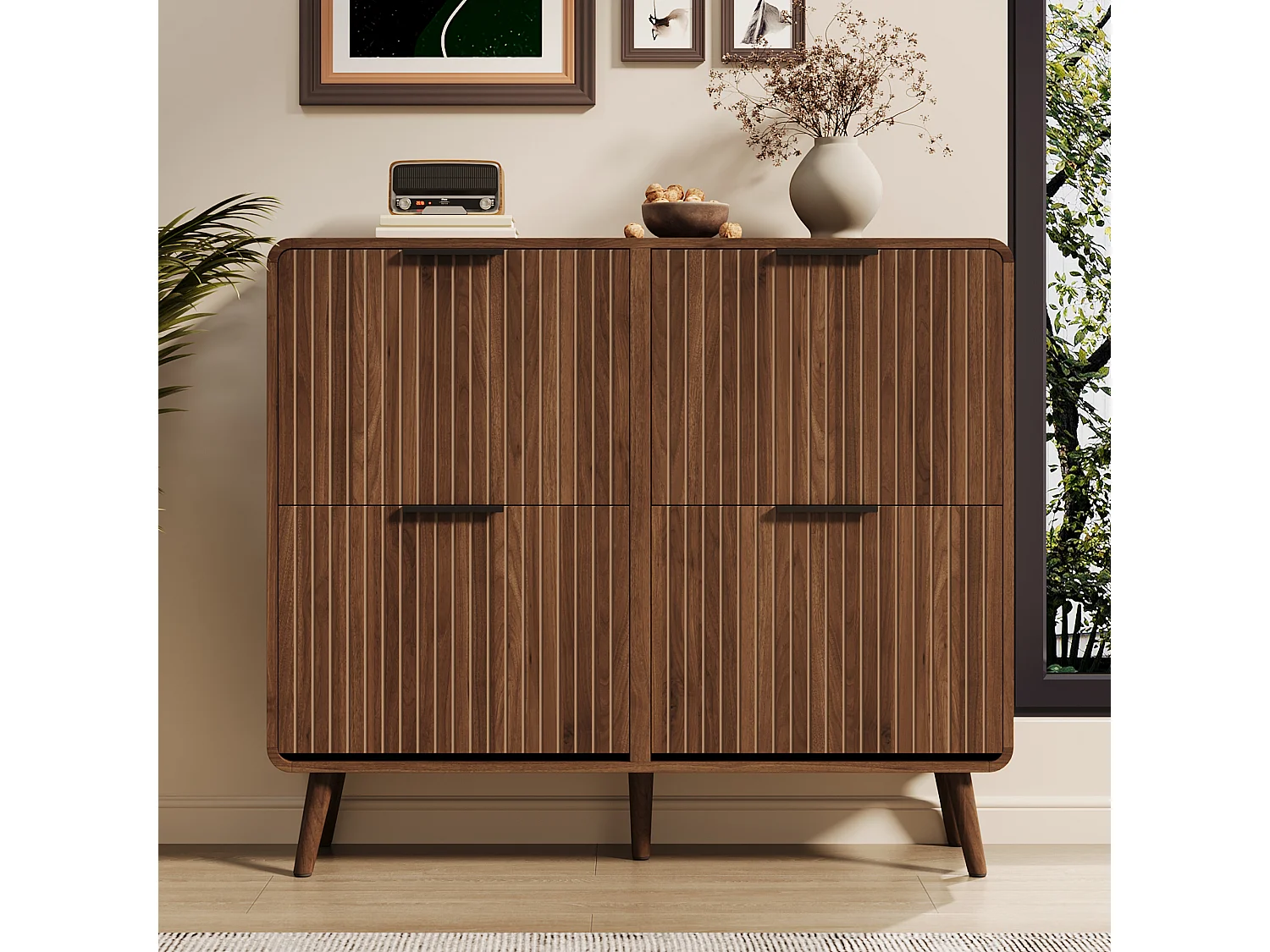 Móvel para sapatos moderno 105x24x90 cm - Estrutura de dois níveis - 4 portas basculantes - Pés de madeira maciça - MDF - Marrom