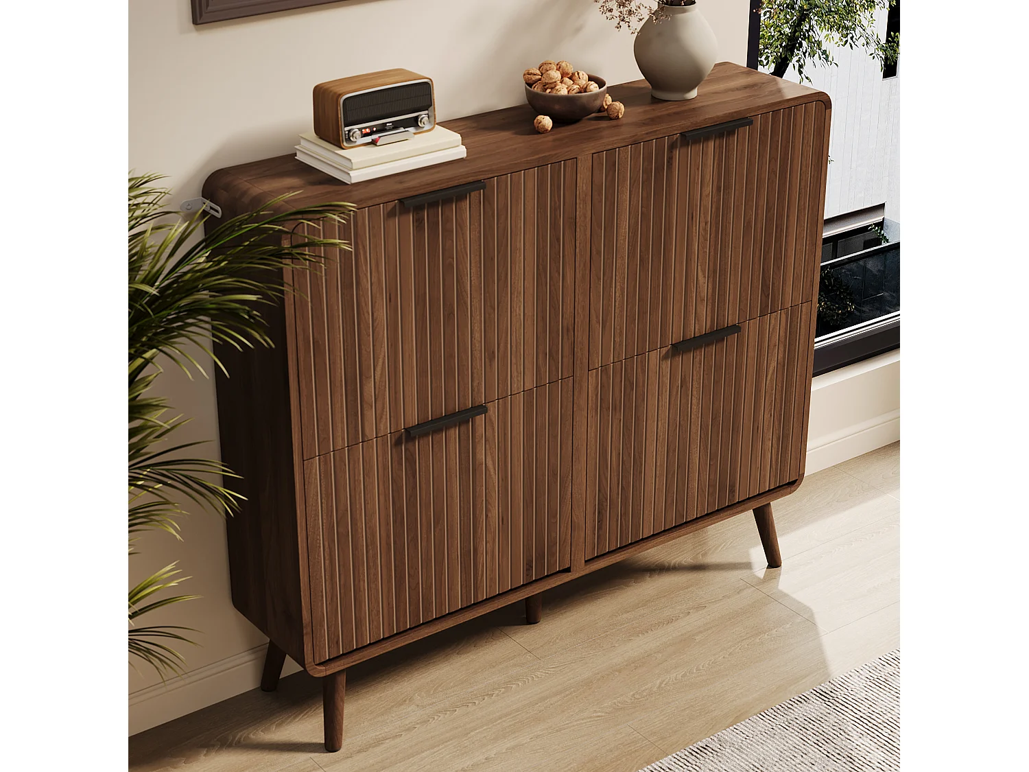 Móvel para sapatos moderno 105x24x90 cm - Estrutura de dois níveis - 4 portas basculantes - Pés de madeira maciça - MDF - Marrom