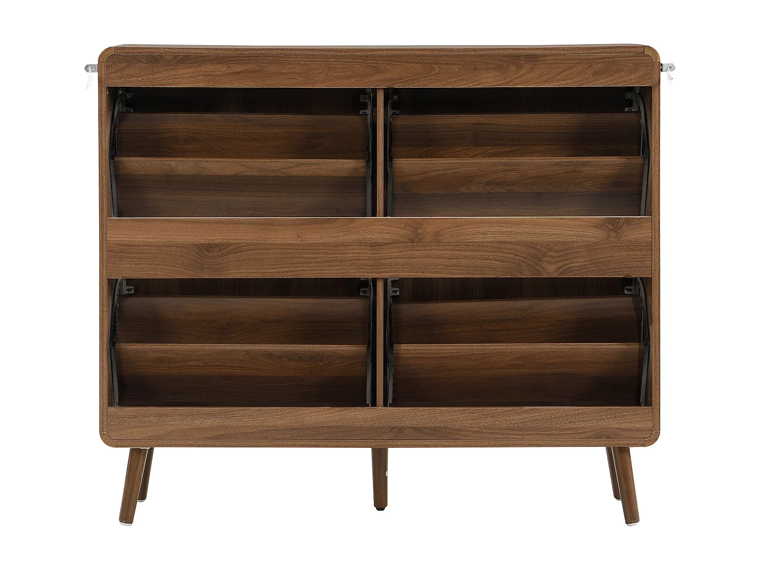 Móvel para sapatos moderno 105x24x90 cm - Estrutura de dois níveis - 4 portas basculantes - Pés de madeira maciça - MDF - Marrom