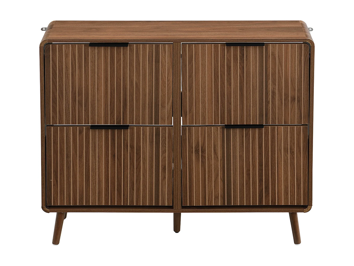 Móvel para sapatos moderno 105x24x90 cm - Estrutura de dois níveis - 4 portas basculantes - Pés de madeira maciça - MDF - Marrom