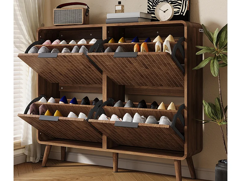 Móvel para sapatos moderno 105x24x90 cm - Estrutura de dois níveis - 4 portas basculantes - Pés de madeira maciça - MDF - Marrom