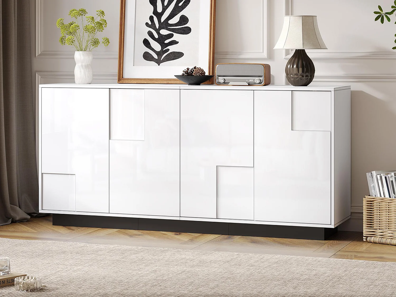 Buffet 160x37x75,5 cm - met 4 deuren - Geometrisch design - Deeltjesplaten - Wit