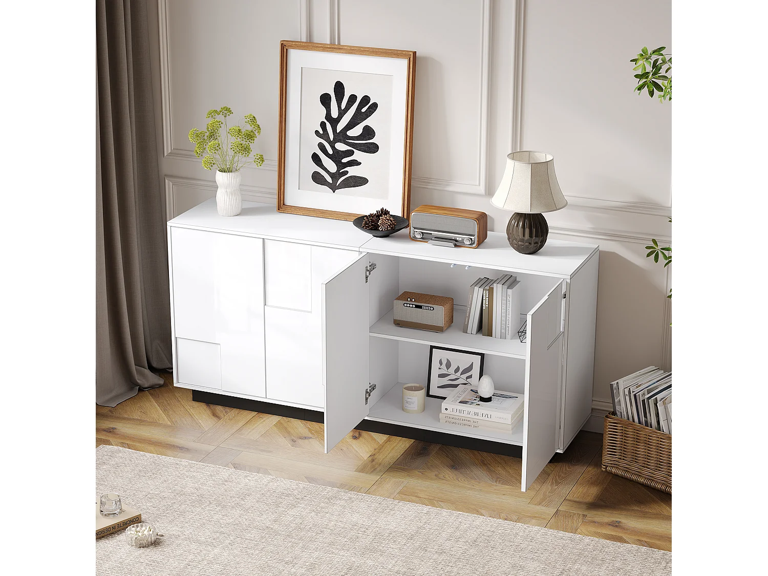 Buffet 160x37x75,5 cm - met 4 deuren - Geometrisch design - Deeltjesplaten - Wit