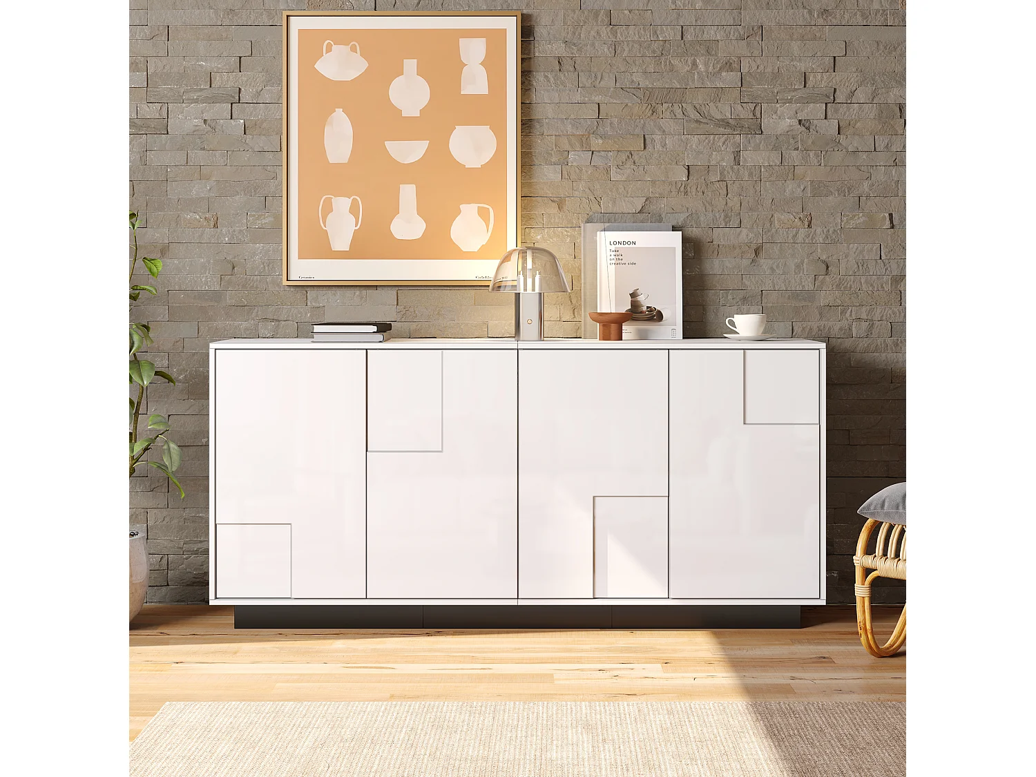 Buffet 160x37x75,5 cm - met 4 deuren - Geometrisch design - Deeltjesplaten - Wit