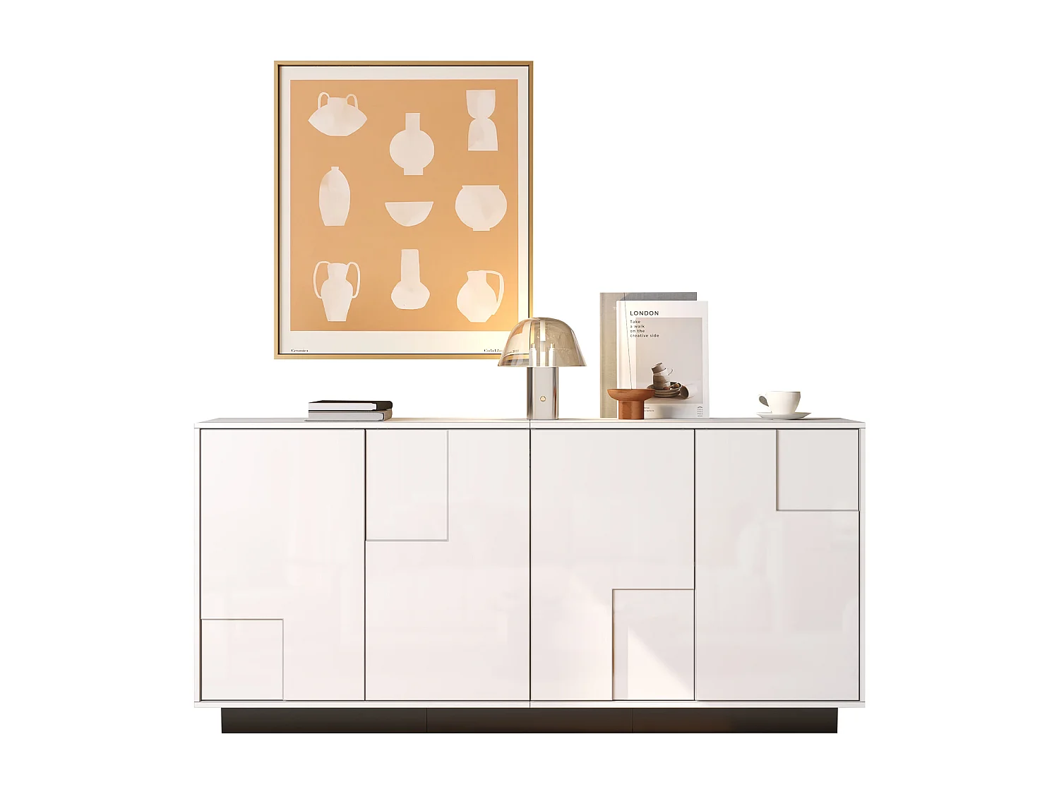 Buffet 160x37x75,5 cm - met 4 deuren - Geometrisch design - Deeltjesplaten - Wit