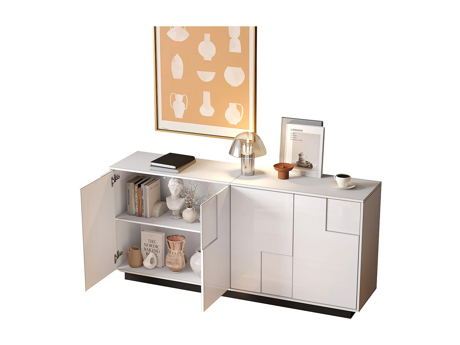 Buffet 160x37x75,5 cm - z 4 frontami - Wzór geometryczny - Płyty wiórowe - Biały