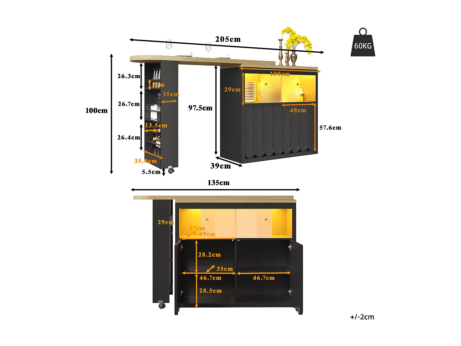 Ausziehbarer Küchen-Bar-Schrank - mit 360°-Drehung - 135-205x39x100cm - 2 Türen - mit Seitengestellen - Schwarz