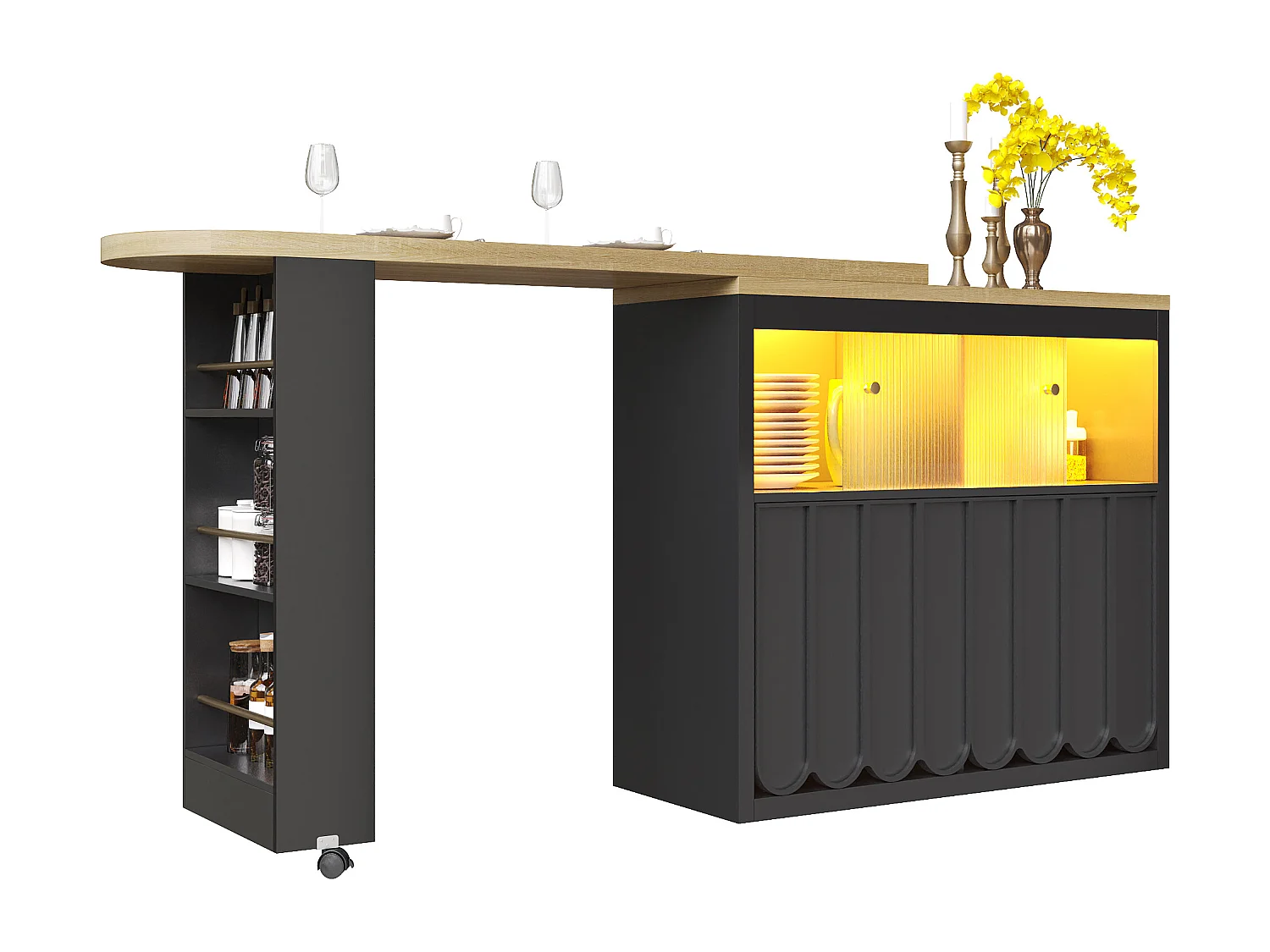 Ausziehbarer Küchen-Bar-Schrank - mit 360°-Drehung - 135-205x39x100cm - 2 Türen - mit Seitengestellen - Schwarz