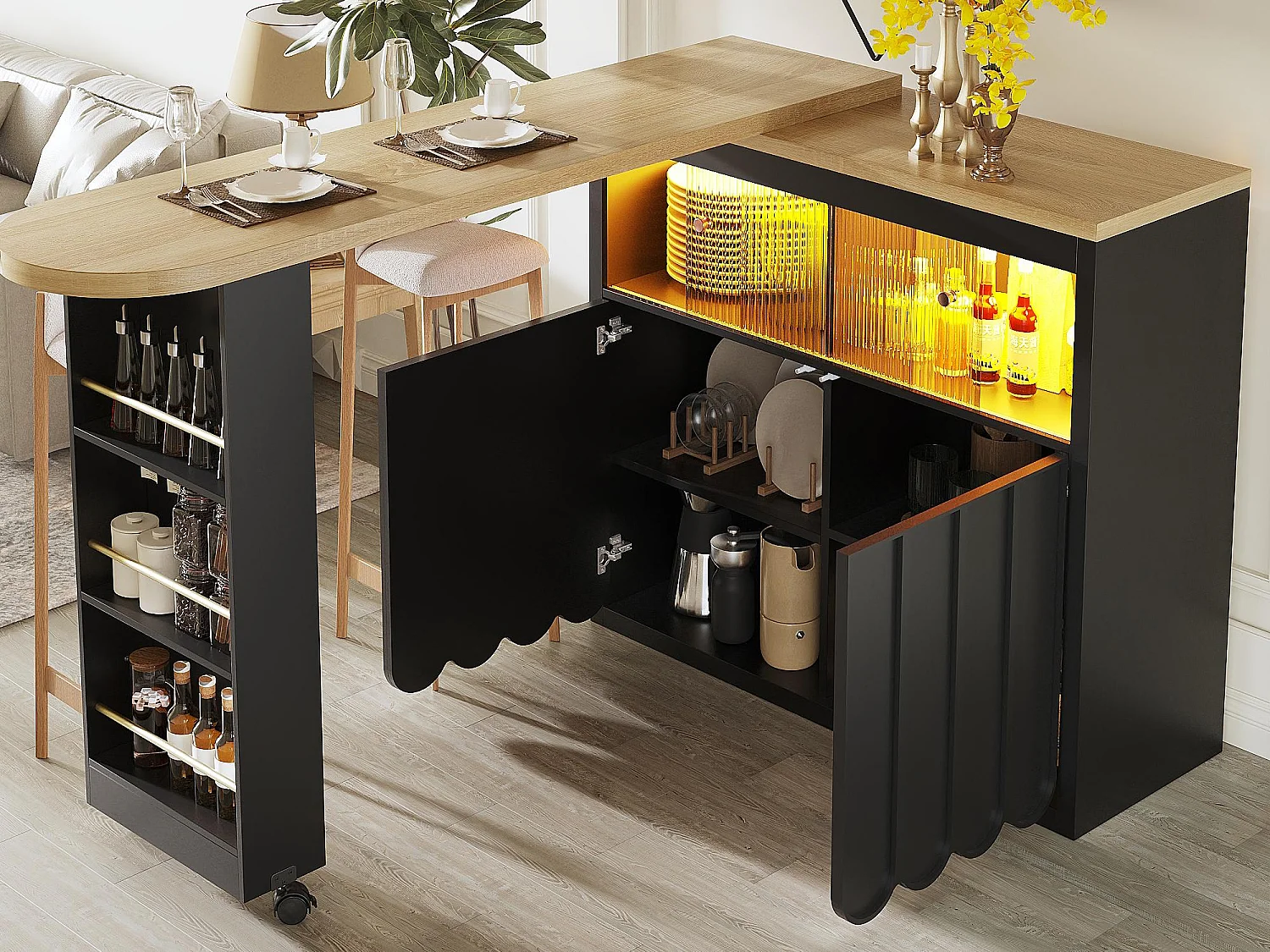 Meuble de bar de cuisine extensible - et rotation à 360° - 135-205x39x100cm - 2 portes - avec étagères latérales - Noir