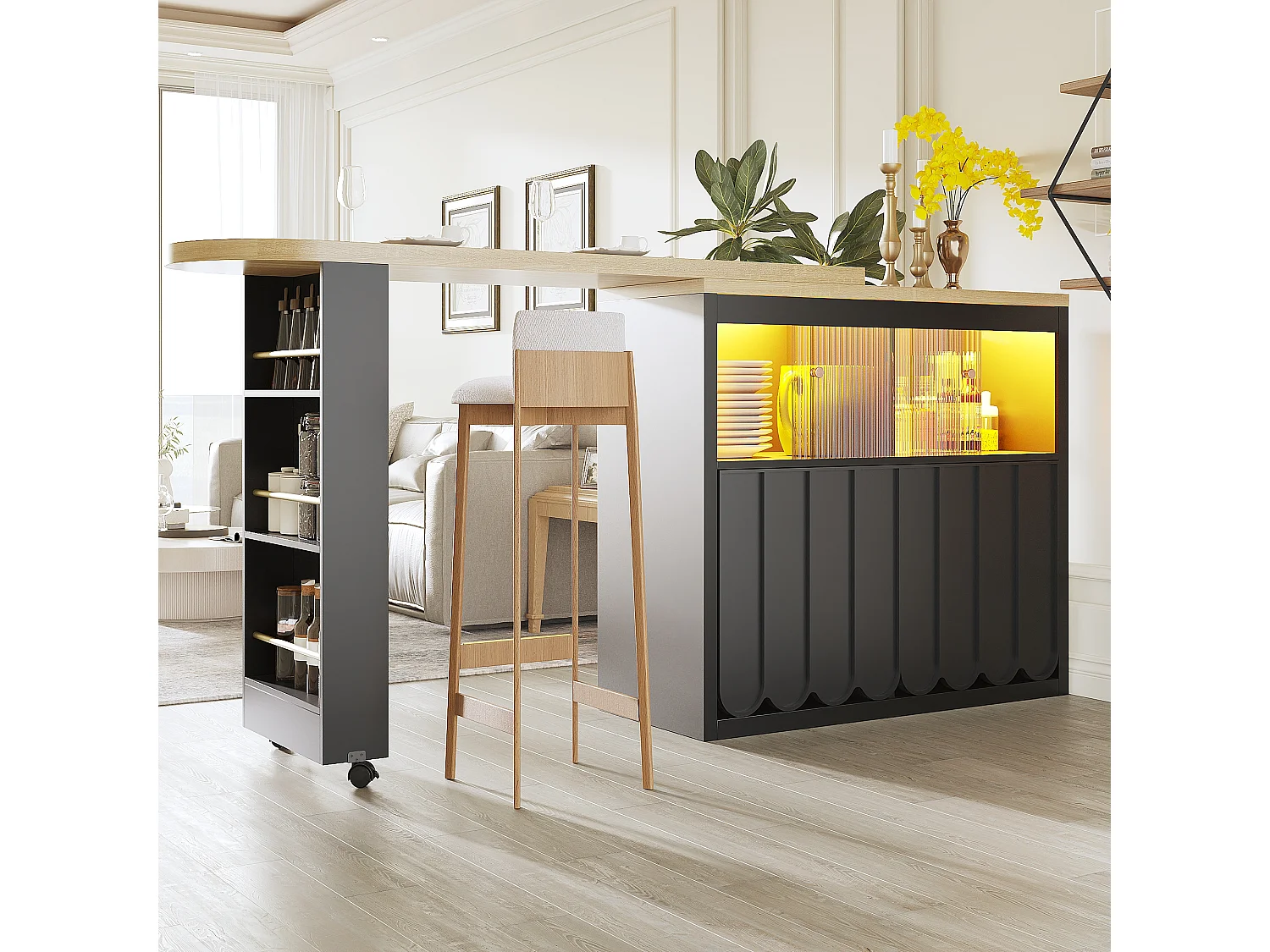 Meuble de bar de cuisine extensible - et rotation à 360° - 135-205x39x100cm - 2 portes - avec étagères latérales - Noir