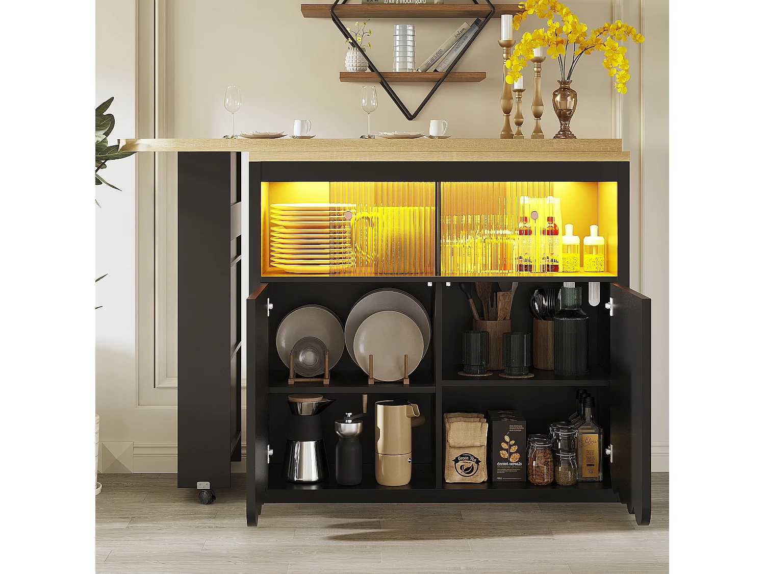 Meuble de bar de cuisine extensible - et rotation à 360° - 135-205x39x100cm - 2 portes - avec étagères latérales - Noir