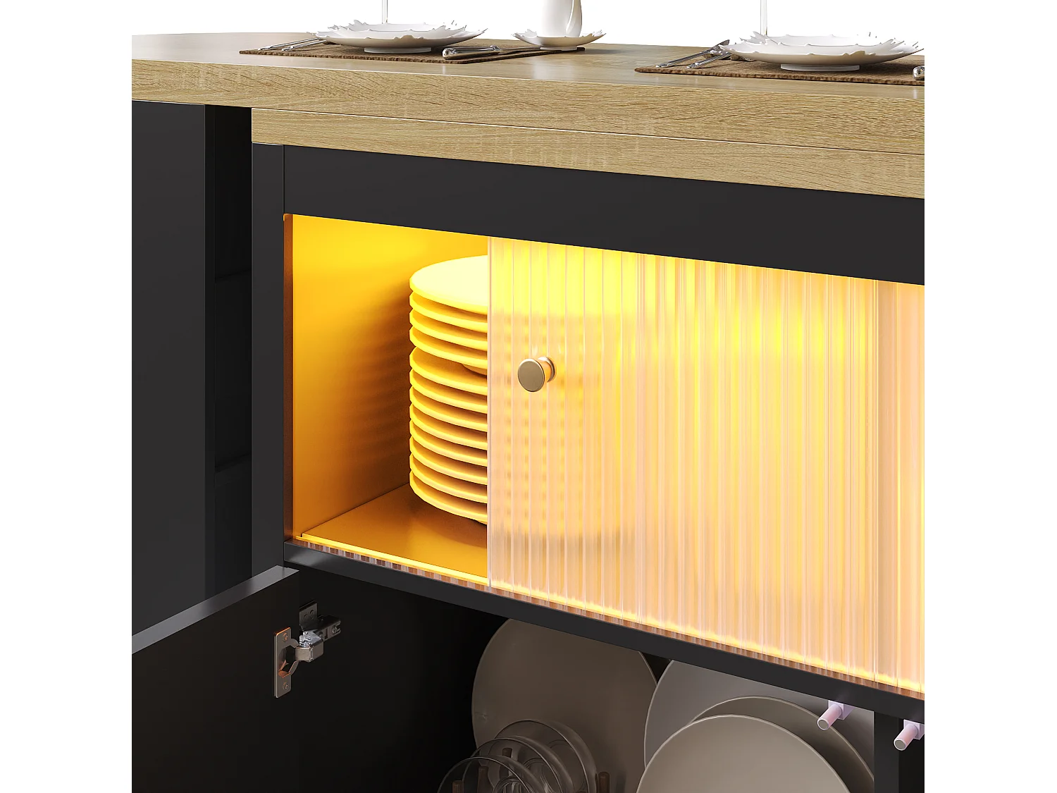 Meuble de bar de cuisine extensible - et rotation à 360° - 135-205x39x100cm - 2 portes - avec étagères latérales - Noir