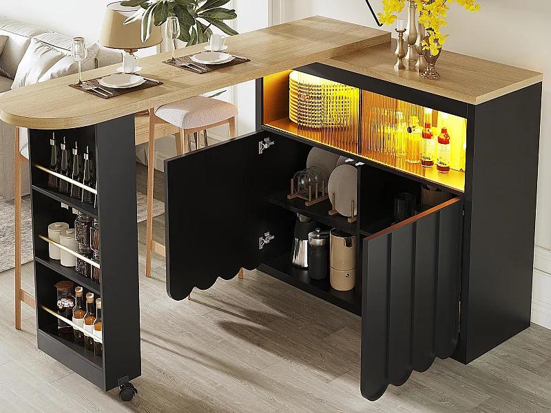 Uitschuifbare keukenbar - met 360° draaifunctie - 135-205x39x100cm - 2 deuren - met zijplanken - Zwart