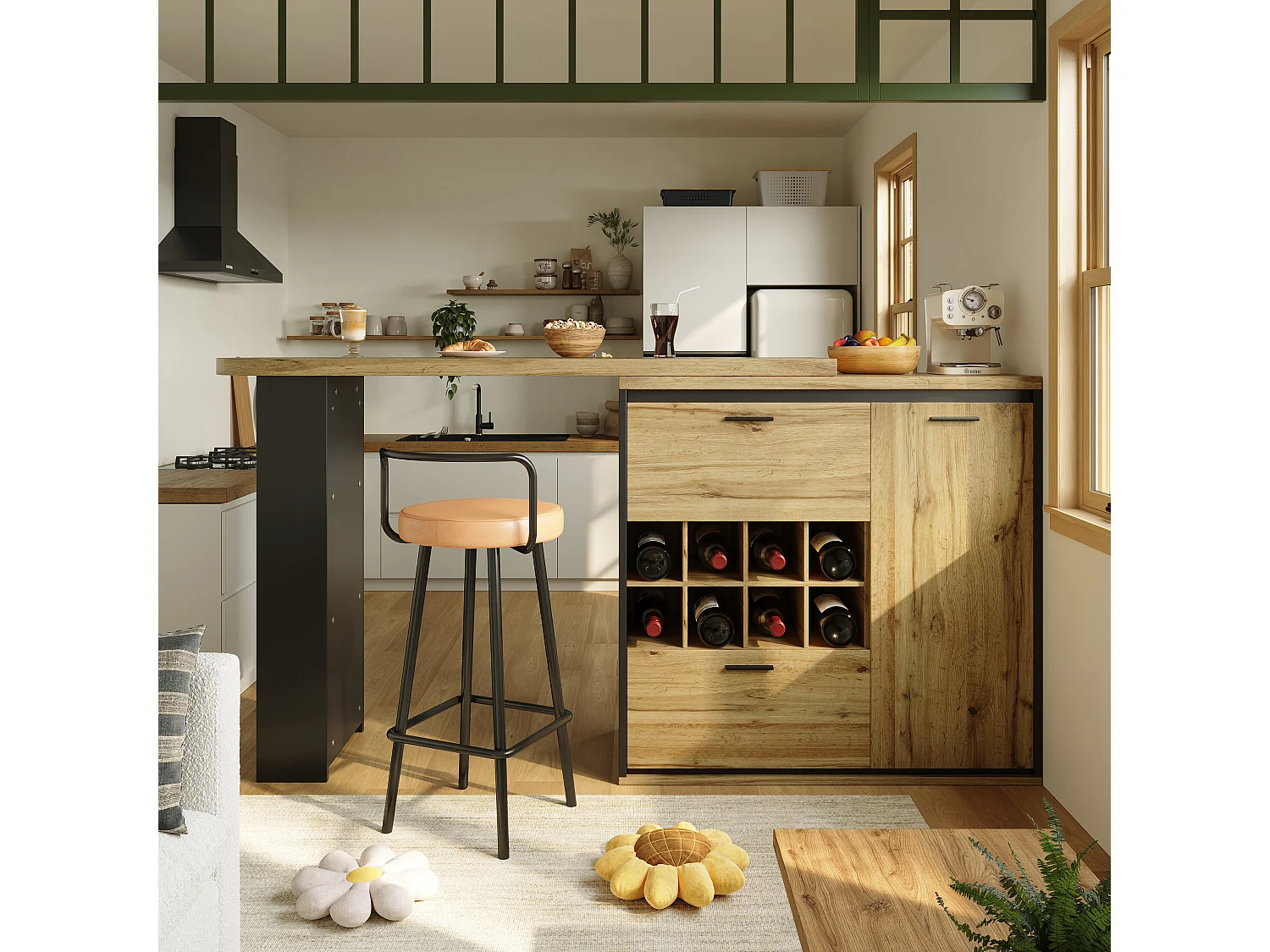 Ausziehbarer Küchen-Bar-Schrank - mit 360°-Drehung - 220x39x105cm - 1 Tür, 2 Schubladen - 6 Weinfächer - mit Seitengestellen - Natur