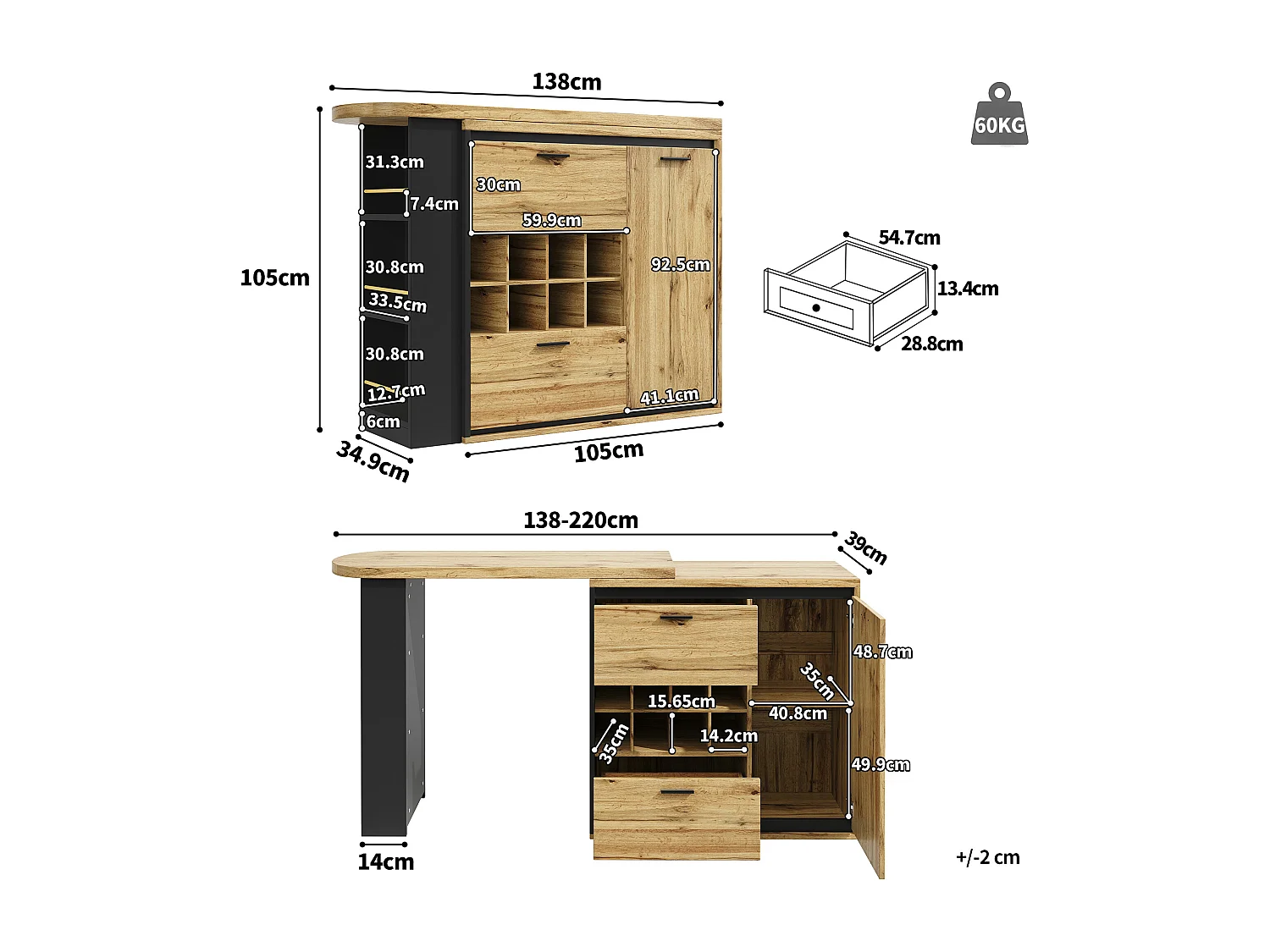 Ausziehbarer Küchen-Bar-Schrank - mit 360°-Drehung - 220x39x105cm - 1 Tür, 2 Schubladen - 6 Weinfächer - mit Seitengestellen - Natur