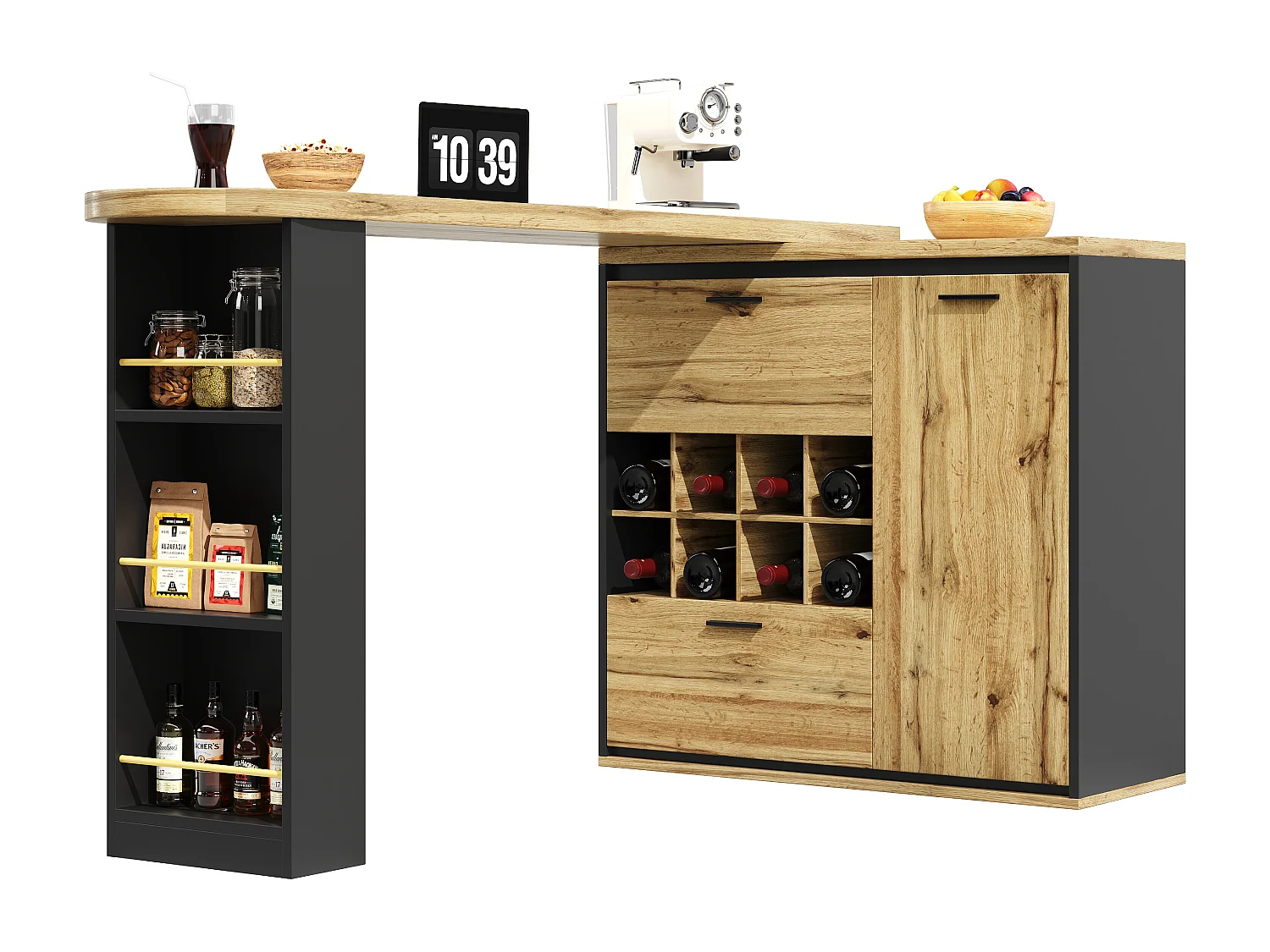 Ausziehbarer Küchen-Bar-Schrank - mit 360°-Drehung - 220x39x105cm - 1 Tür, 2 Schubladen - 6 Weinfächer - mit Seitengestellen - Natur